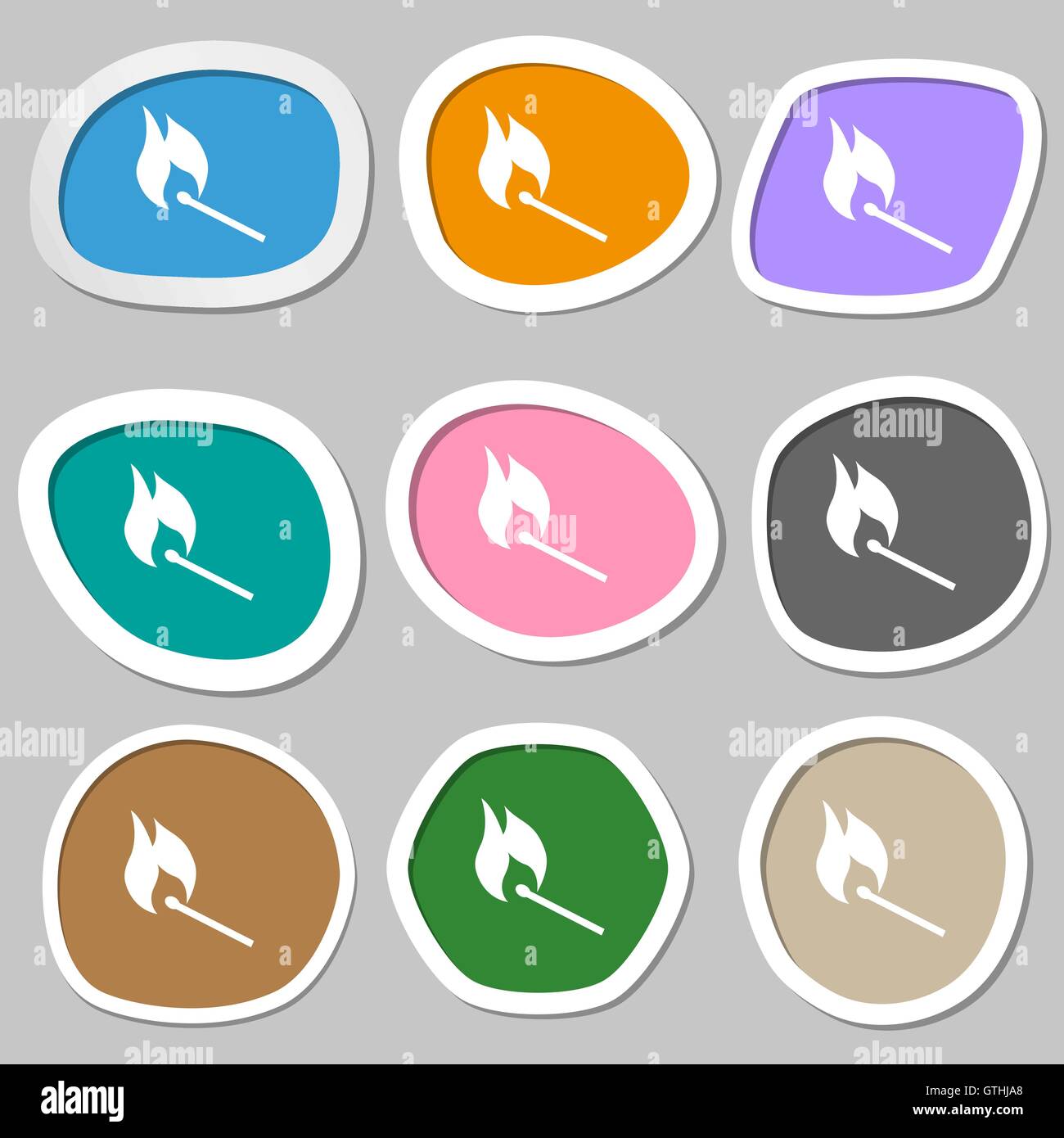 burning match icon symbols. Multicolored paper stickers. Vector Stock