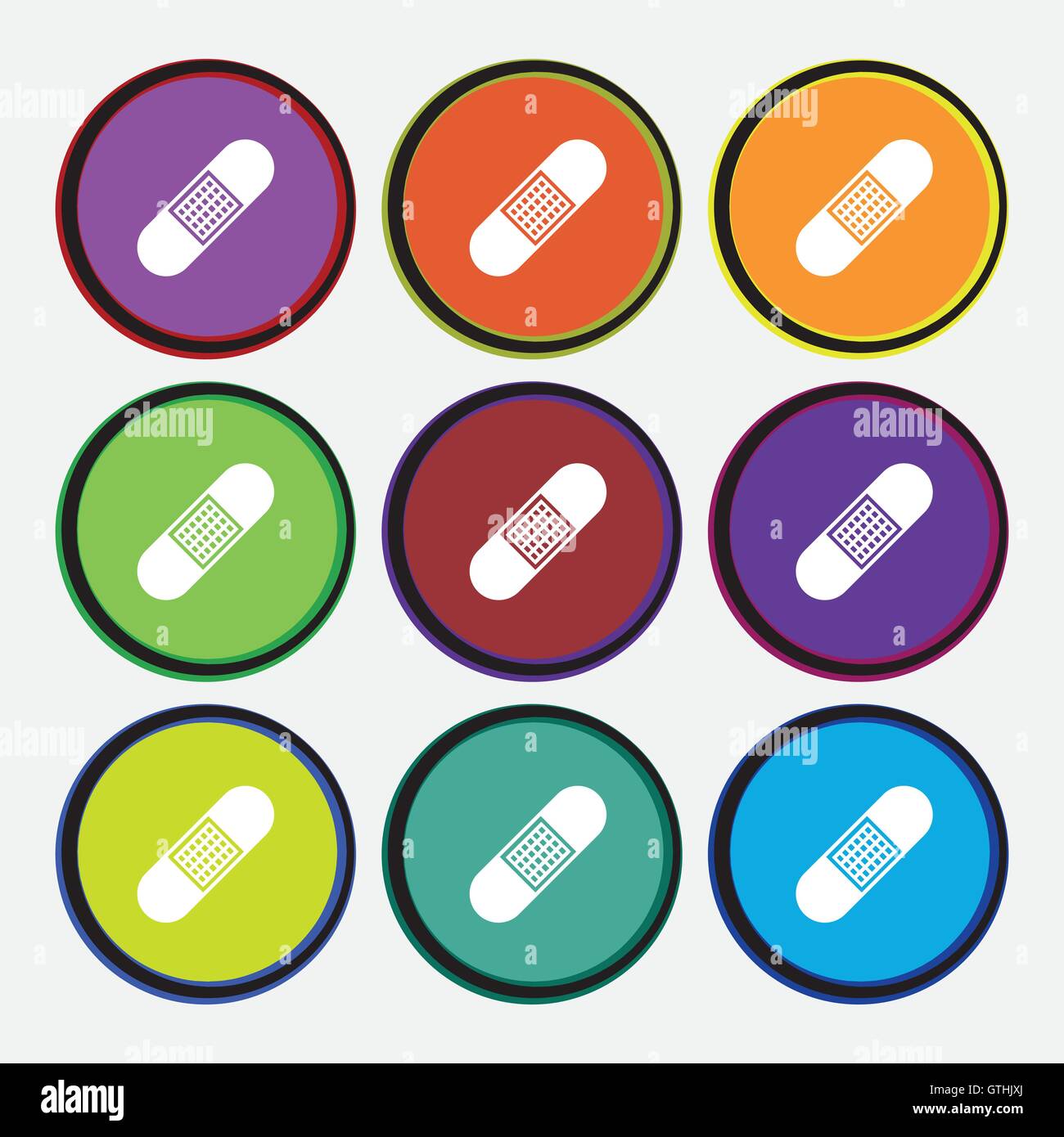 Band Aid Icon sign. Nine multi colored round buttons. Vector Stock Vector