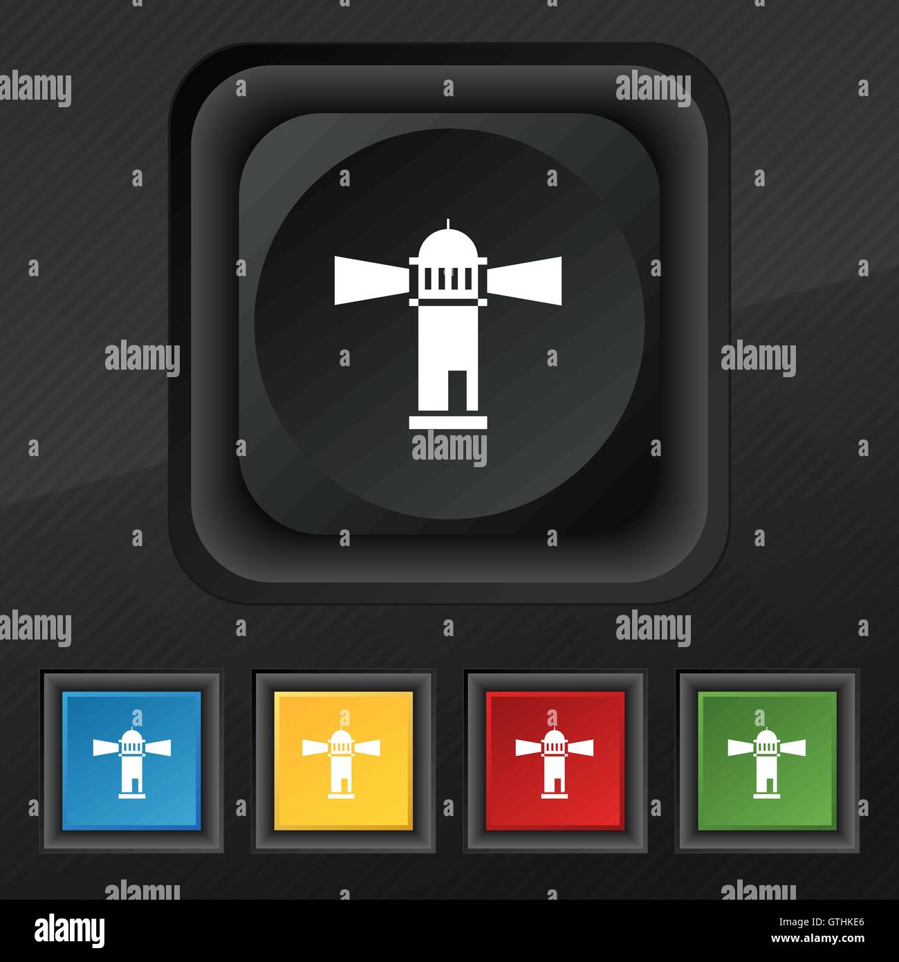 Lighthouse icon symbol. Set of five colorful, stylish buttons on black ...