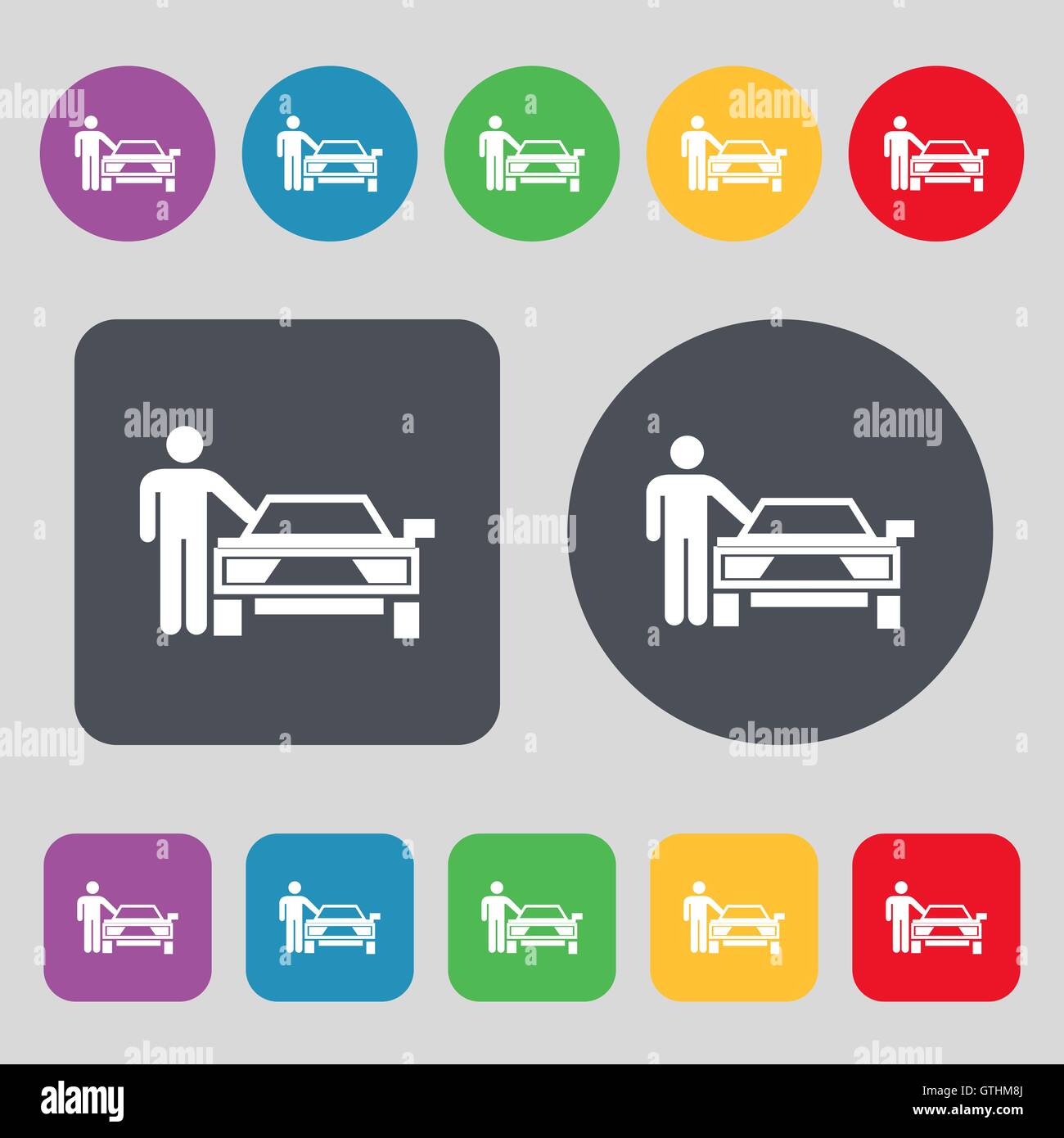 person up hailing a taxi icon sign. A set of 12 colored buttons. Flat ...