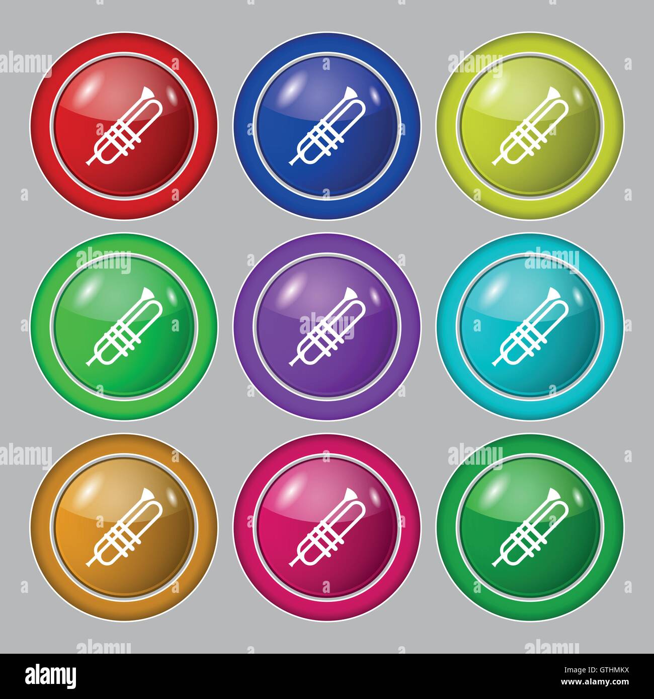 Trumpet icons sign. symbol on nine round colourful buttons. Vector