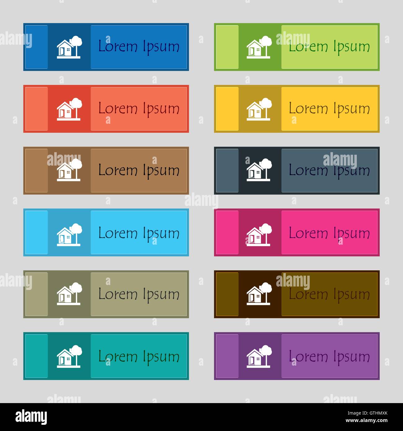 house icon sign. Set of twelve rectangular, colorful, beautiful, high-quality buttons for the site. Vector Stock Vector