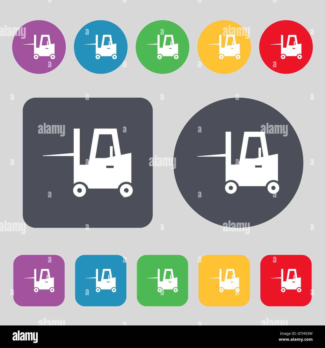 Forklift icon sign. A set of 12 colored buttons. Flat design. Vector