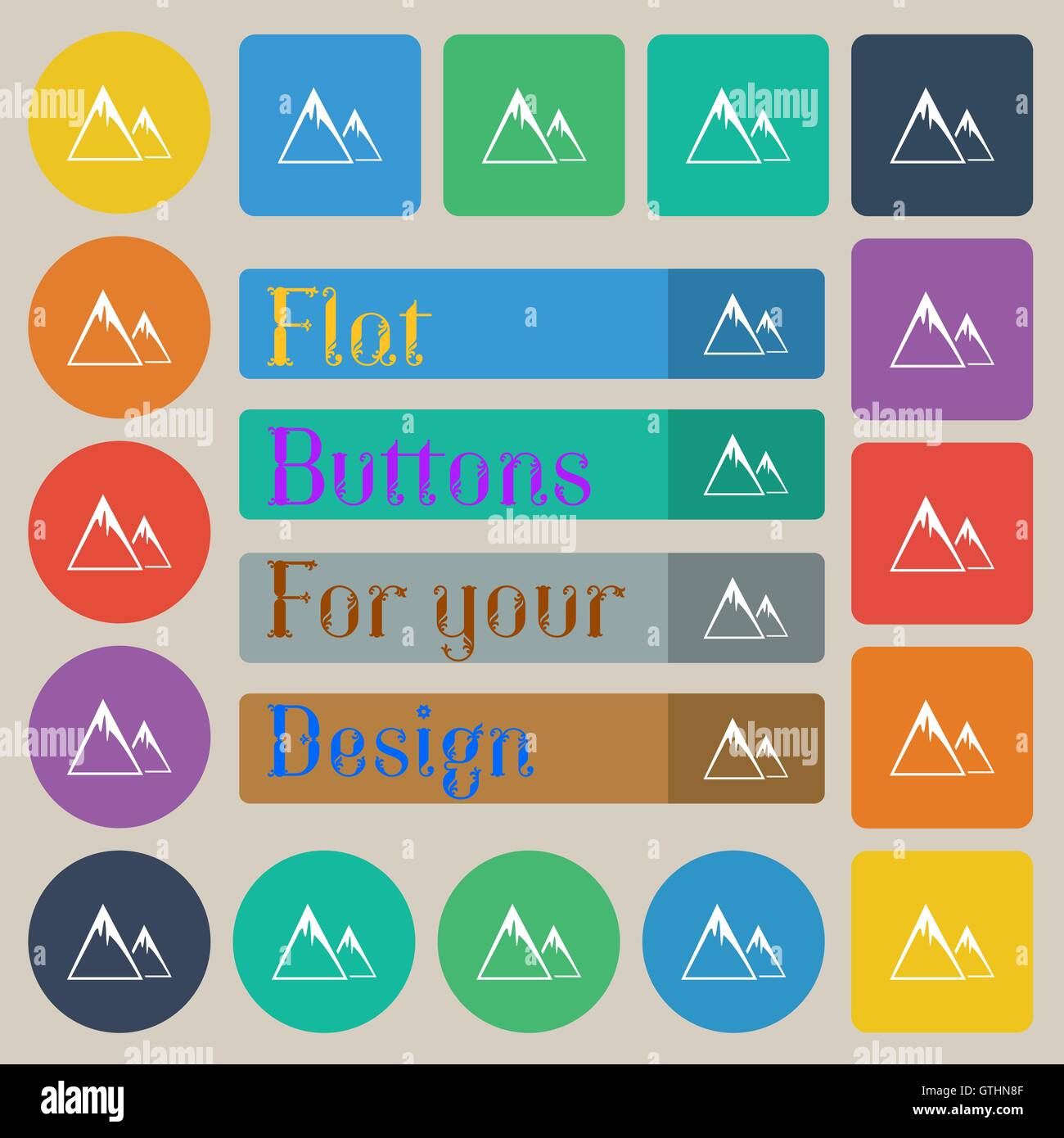 Mountain Icon sign. Set of twenty colored flat, round, square and rectangular buttons. Vector Stock Vector