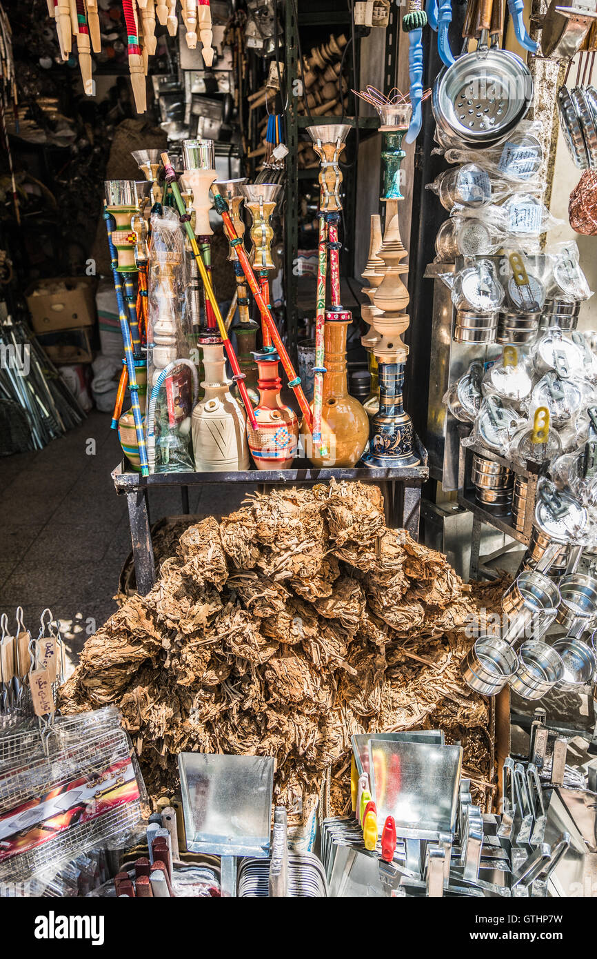 Shop selling hookahs, water pipes, and dried tobacco in Shiraz, Iran Stock  Photo