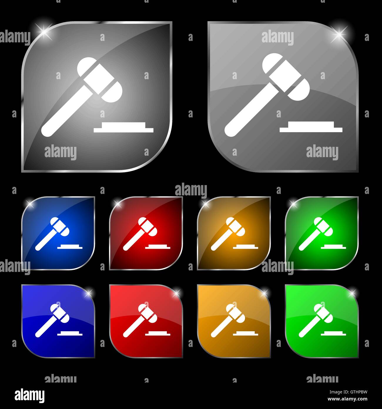 judge or auction hammer icon sign. Set of ten colorful buttons with ...