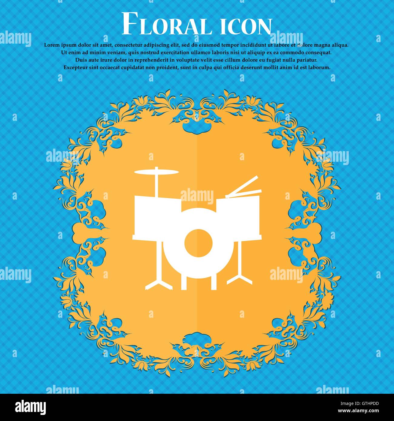 Drum Icon icon. Floral flat design on a blue abstract background with ...