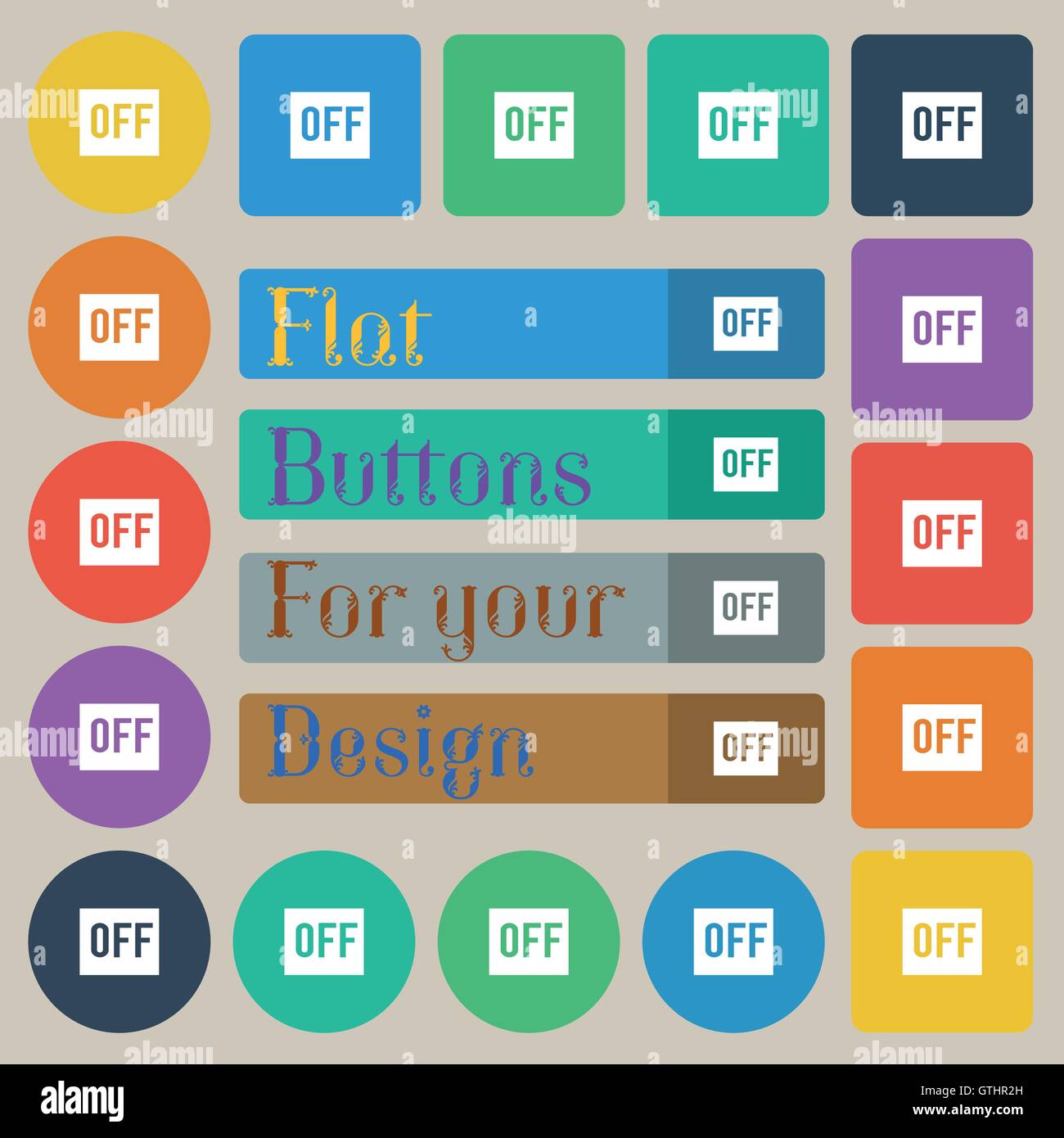 OFF icon sign. Set of twenty colored flat, round, square and ...