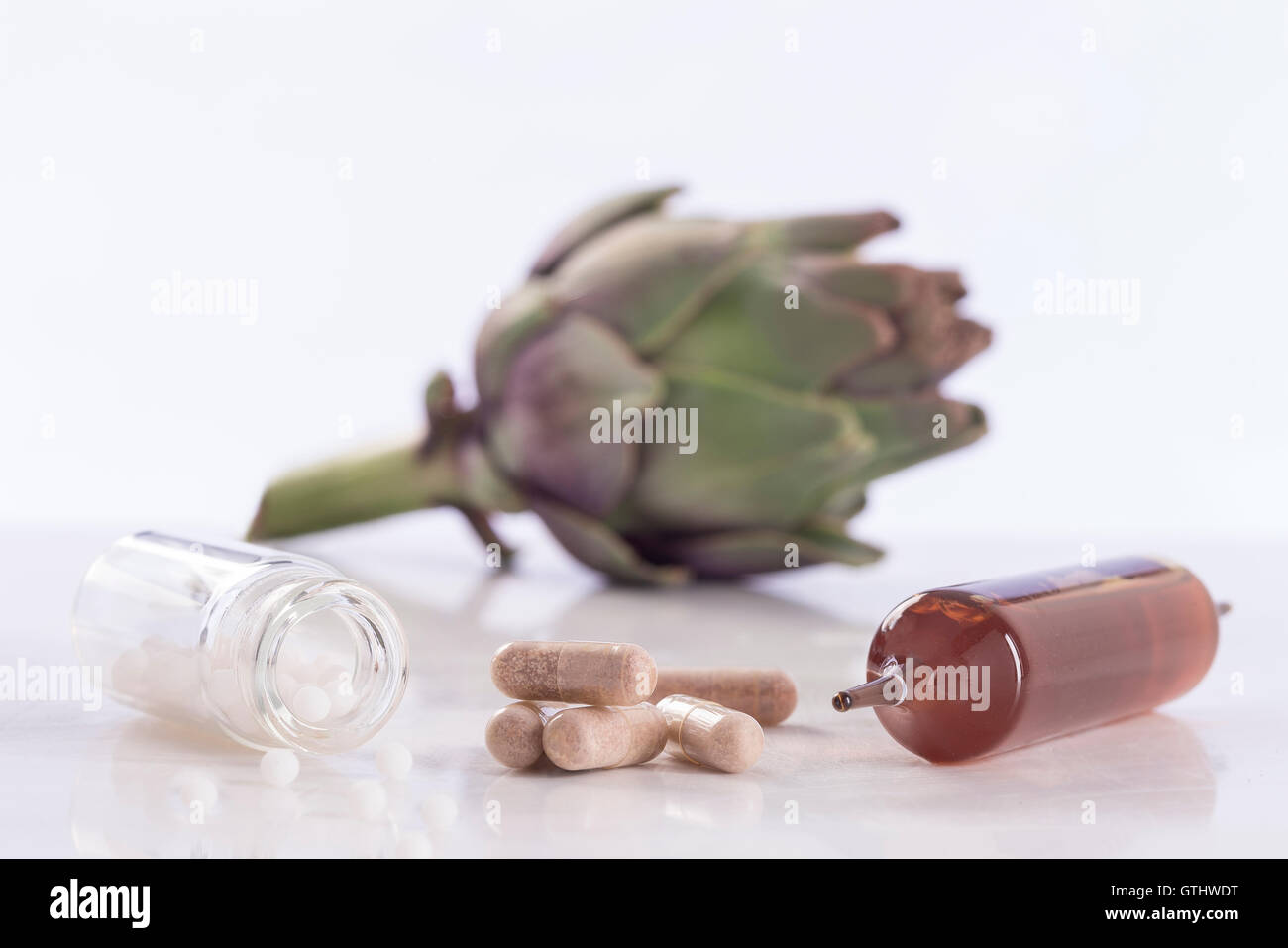 Artichoke leaf extract capsules. and Dietary supplements Stock Photo