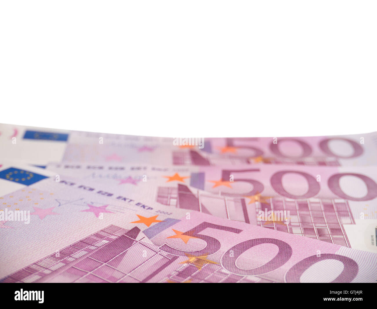 Horizontal oriented five hundred euro banknotes isolated on white Stock Photo