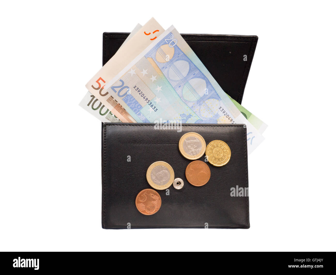 Open black leather wallet with euro banknotes and coins isolated on white Stock Photo