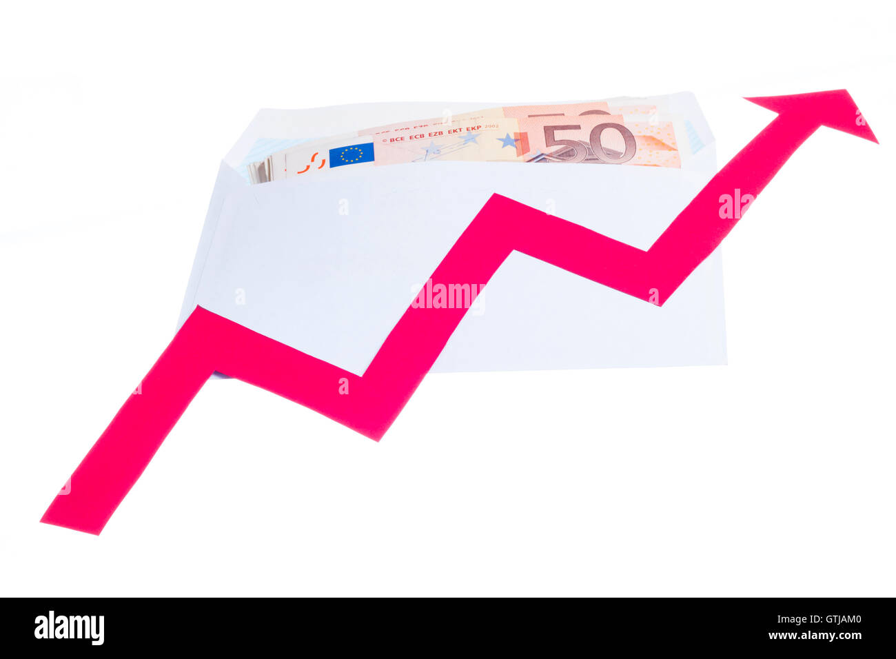 Concept of increase of euro value with red arrow growing over notes in ...
