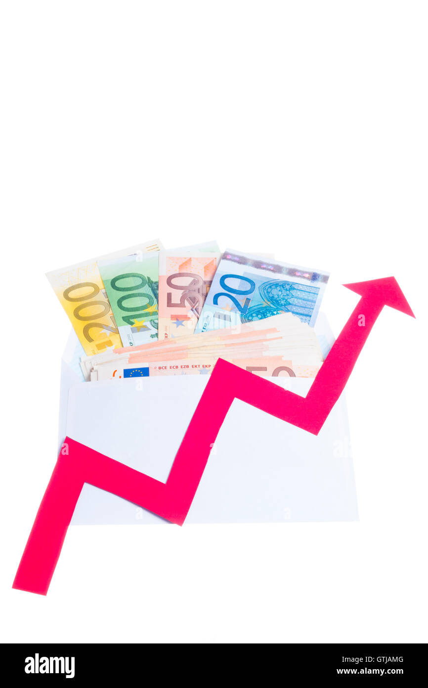 Concept of increase of euro value with red arrow growing over notes in ...