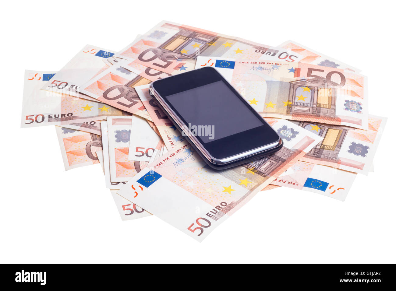Mobile smart phone over fifty euro notes isolated on white background Stock Photo
