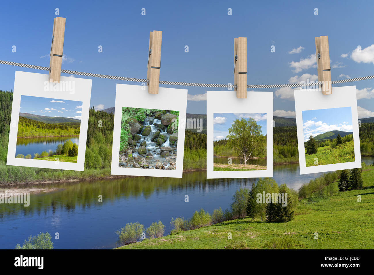 Landscape photographs hanging on clothesline. 3D image Stock Photo