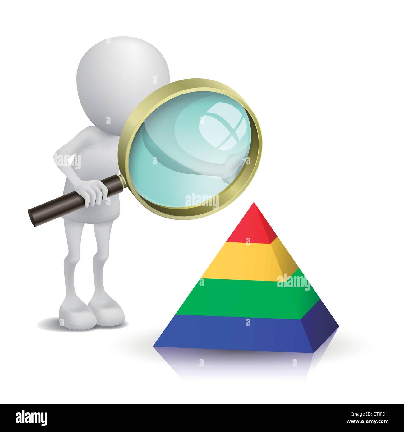3d man watching a pyramid model with a magnifying glass Stock Vector