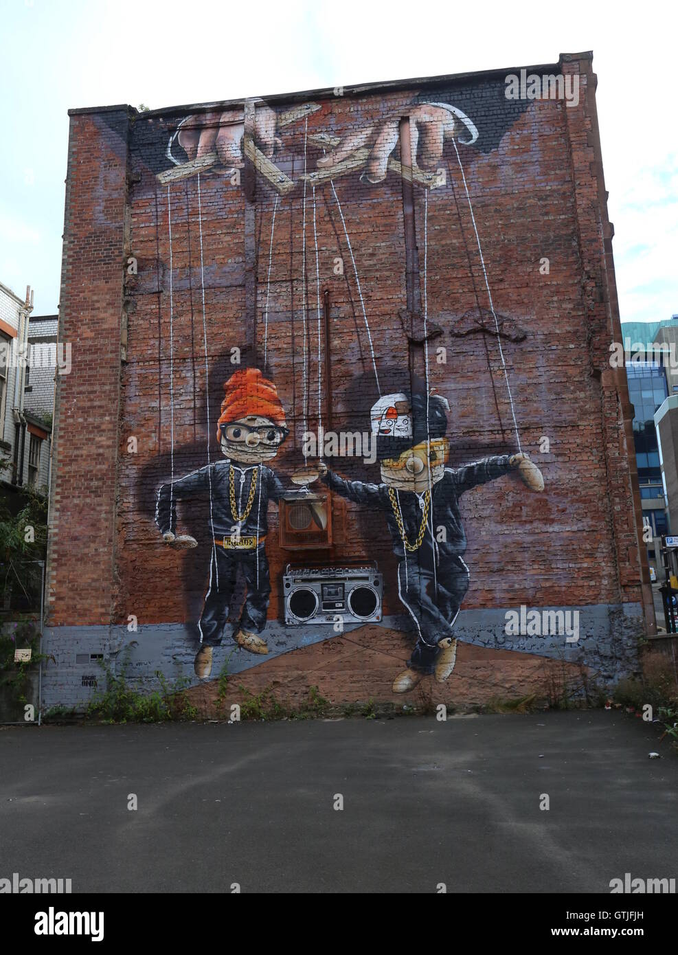 The Hip-Hop Marionettes by Rogue-One and Art Pistol street art mural Glasgow Scotland  September 2016 Stock Photo
