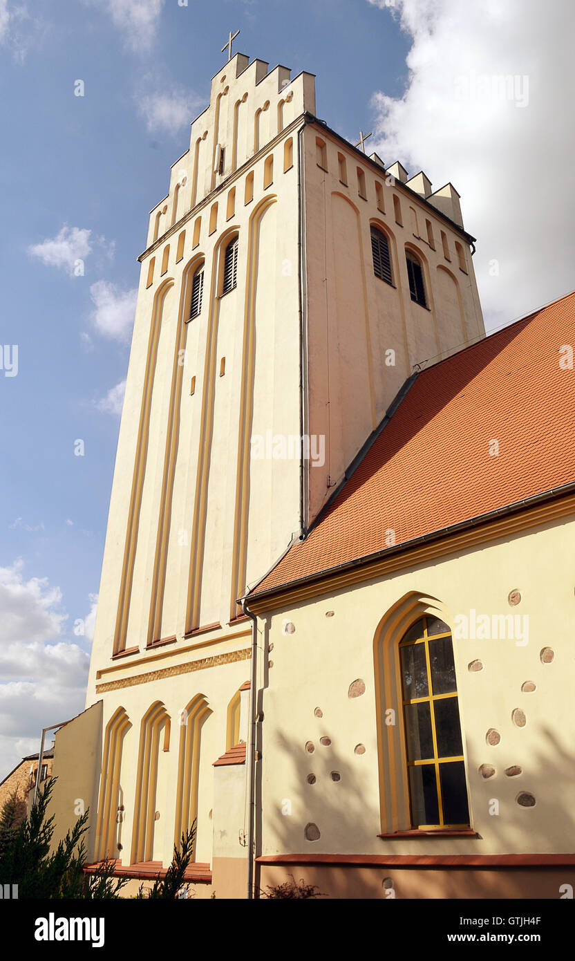 Tower of St Mary the Mother of the Church’s Co-cathedral in Goldap, Poland, built in 1560. Stock Photo