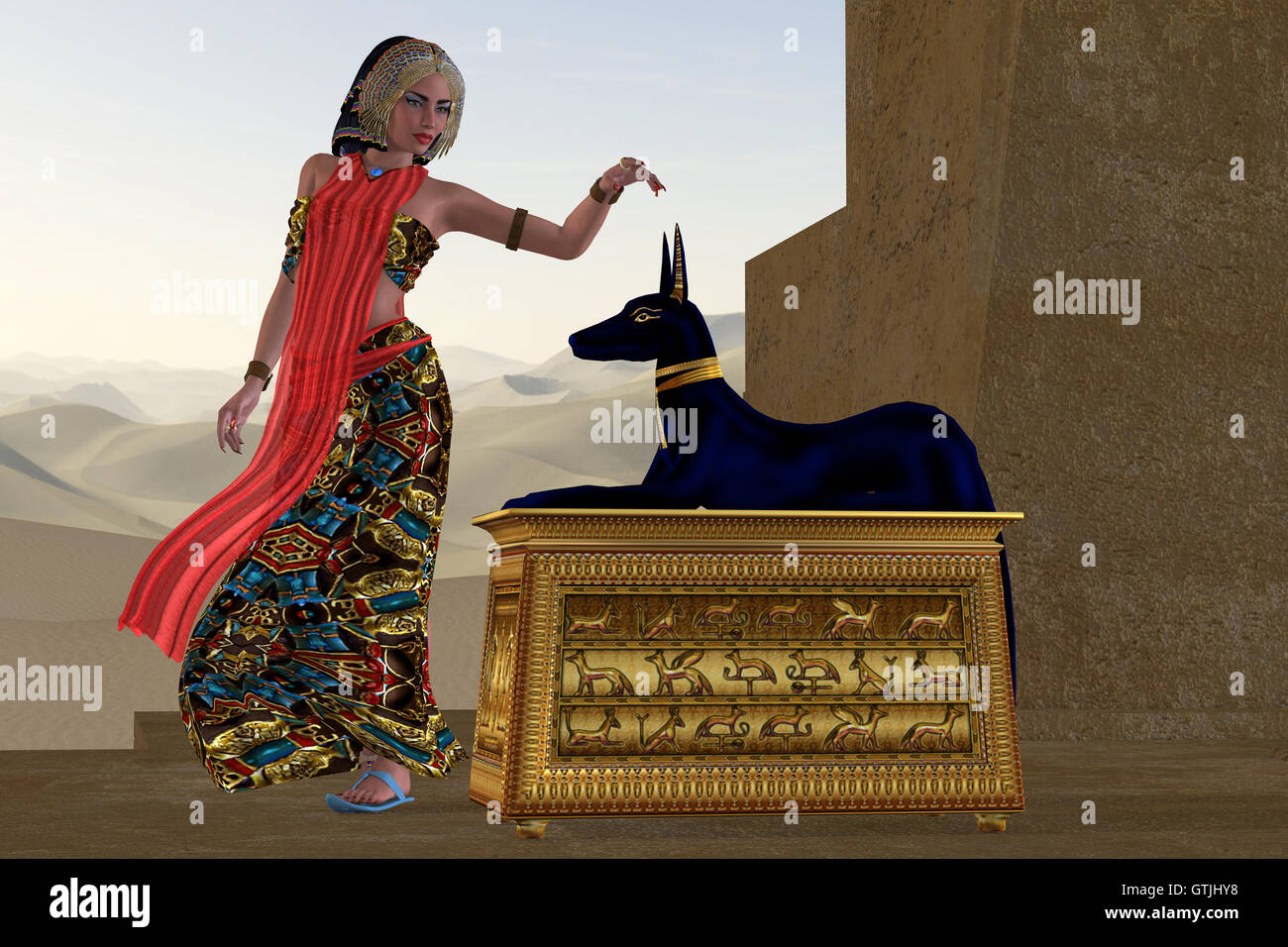 Egyptian Woman and Anubis Statue Stock Photo