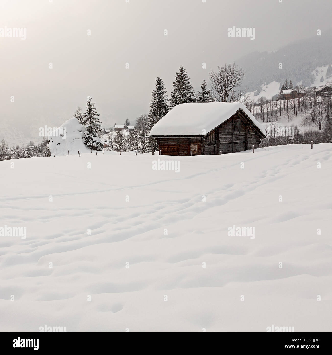 Barn on Snowy Field Stock Photo - Alamy