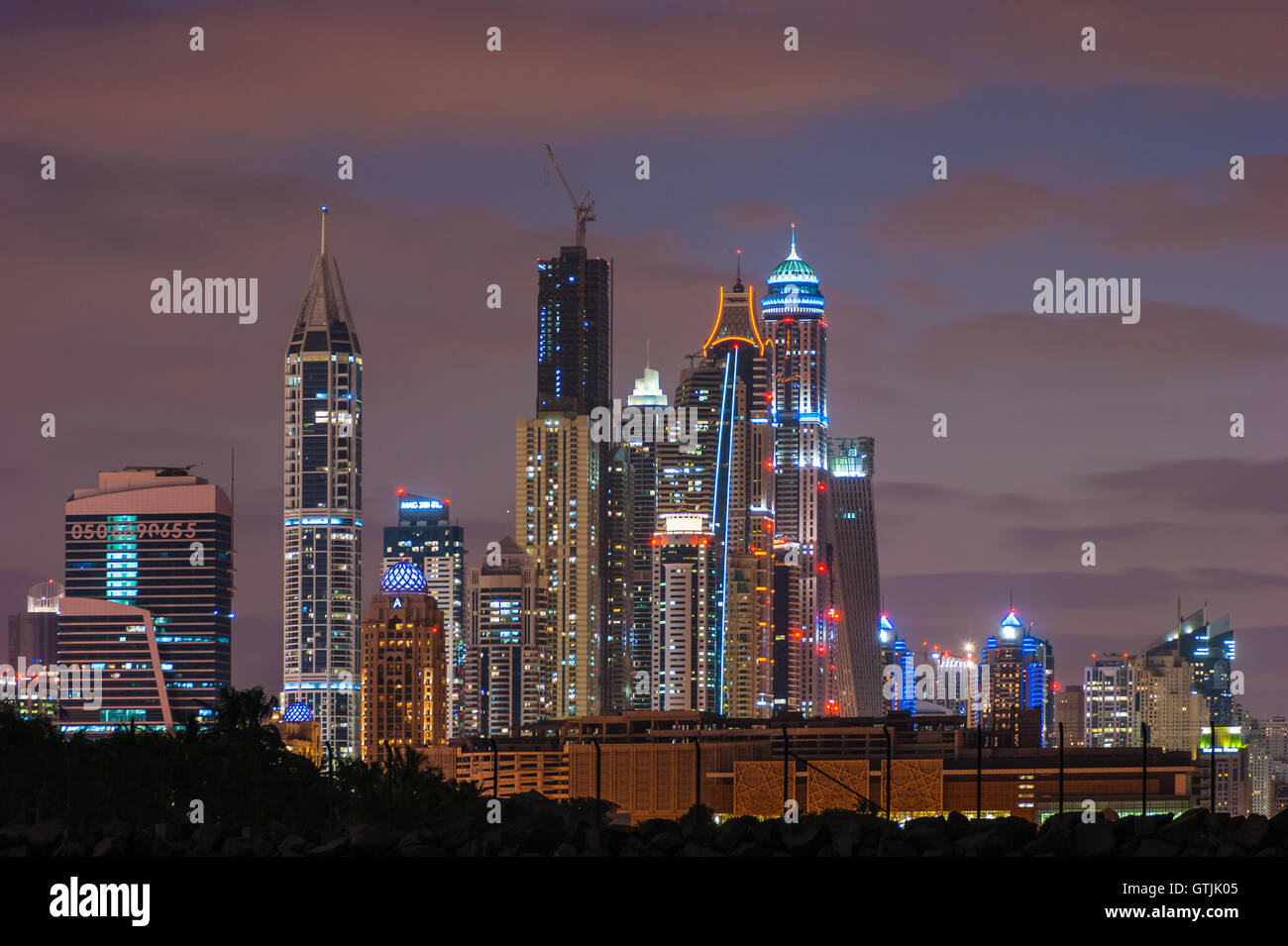 Dubai Marina skyline at dusk, Dubai Stock Photo