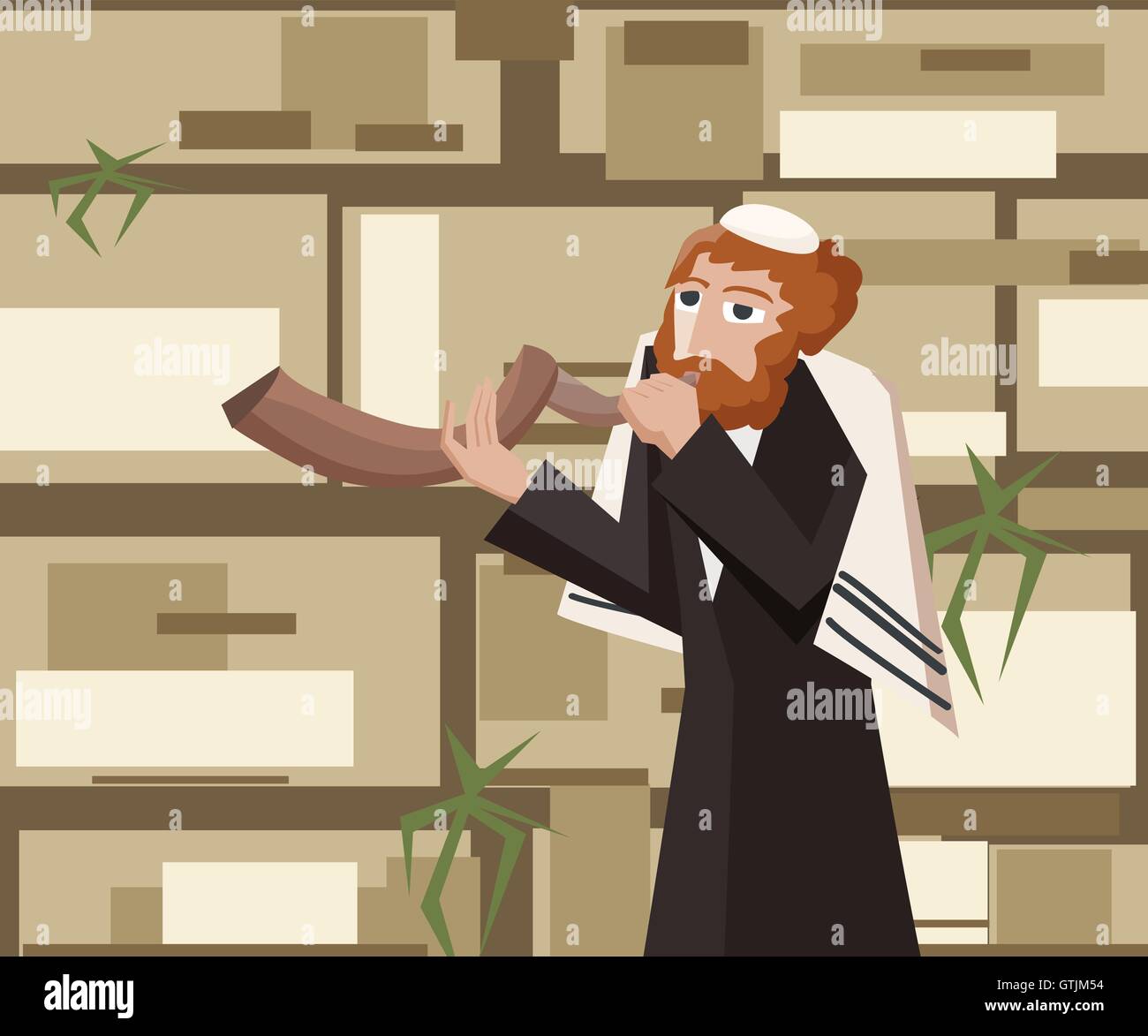 jew blowing the shofar at kotel - cartoon vector illustration Stock Vector