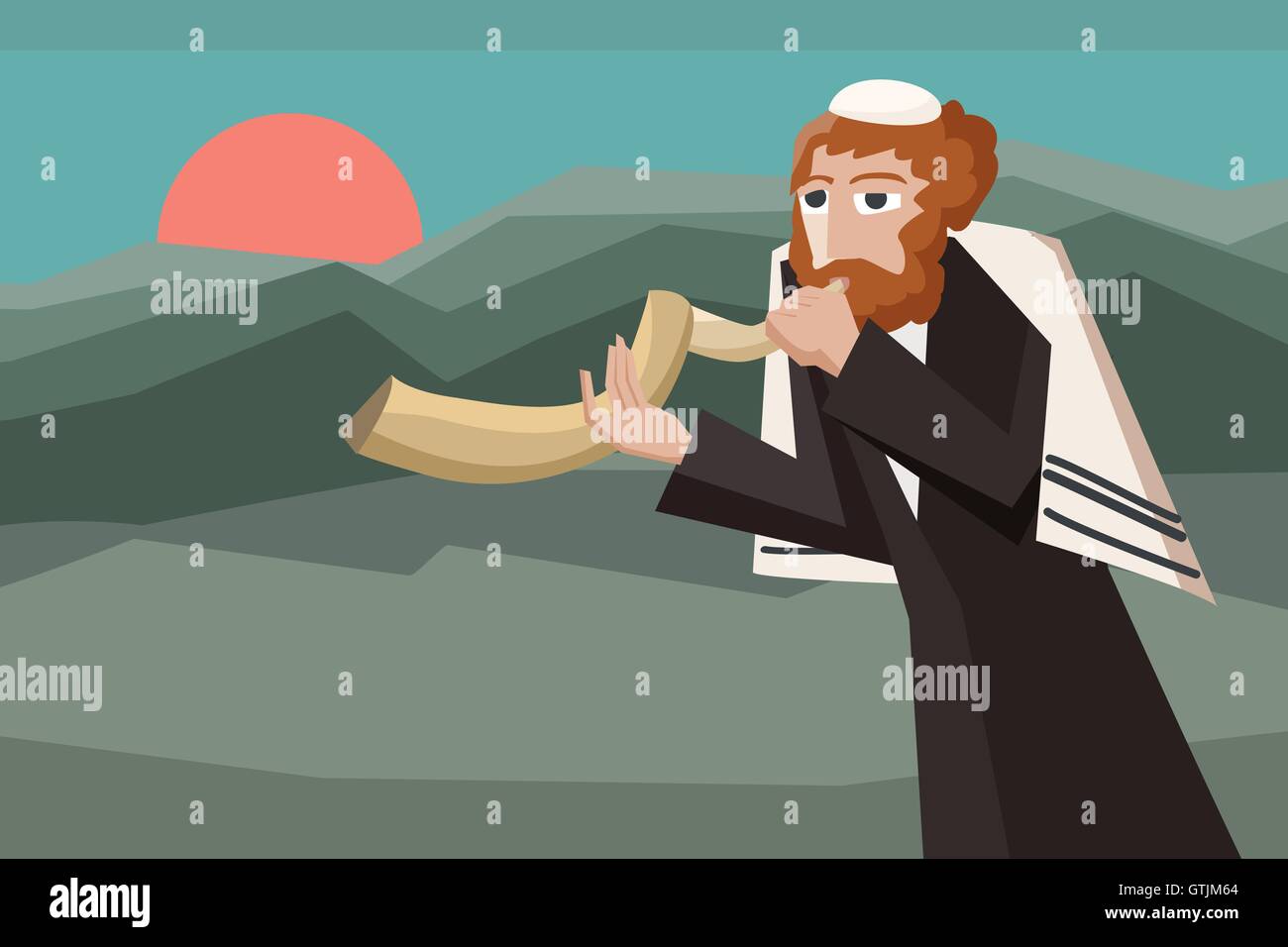 jew blowing the shofar - vector cartoon illustration for jewish holiday Stock Vector