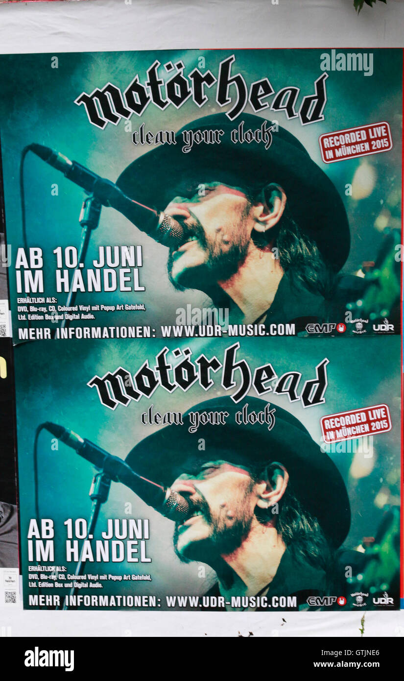 Plakat mit Werbung fuer eine CD von Motorhead mit Lemmy Kilmister, Berlin. Stock Photo