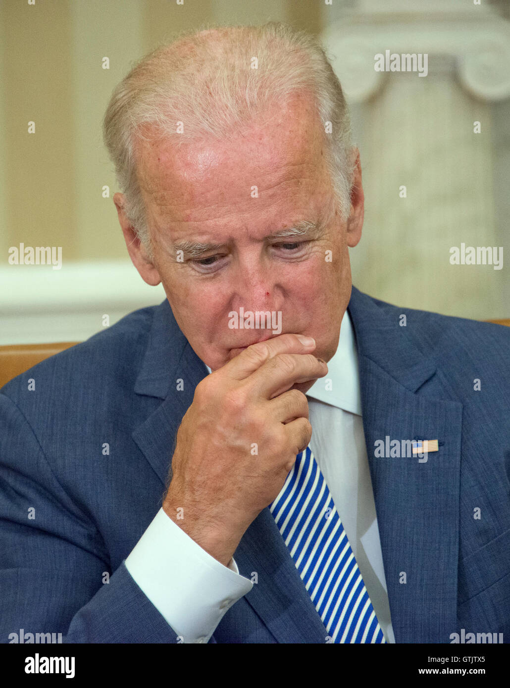 United States Vice President Joe Biden listens as US President Barack Obama makes remarks to the media after receiving an update on the investigation into the attack in Orlando, Florida in the Oval Office of the White House in Washington, DC on Monday, Ju Stock Photo