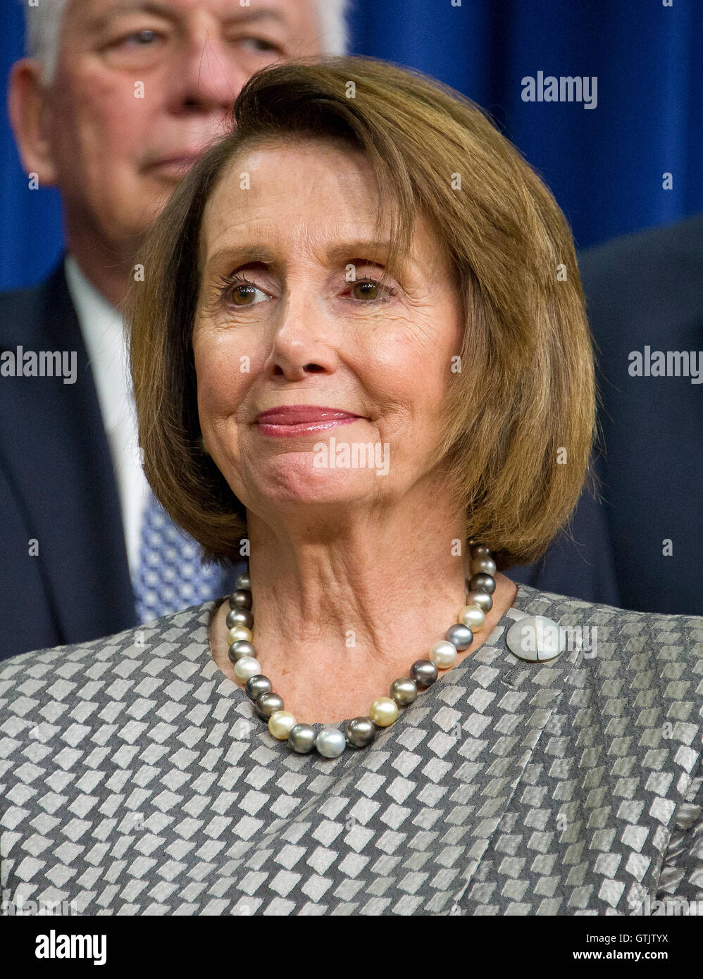 United States House Minority Leader Nancy Pelosi (Democrat of California) looks on as US President Barack Obama makes remarks prior to signing H.R. 2576, the Frank R. Lautenberg Chemical Safety for the 21st Century Act in the South Court Auditorium of the Stock Photo
