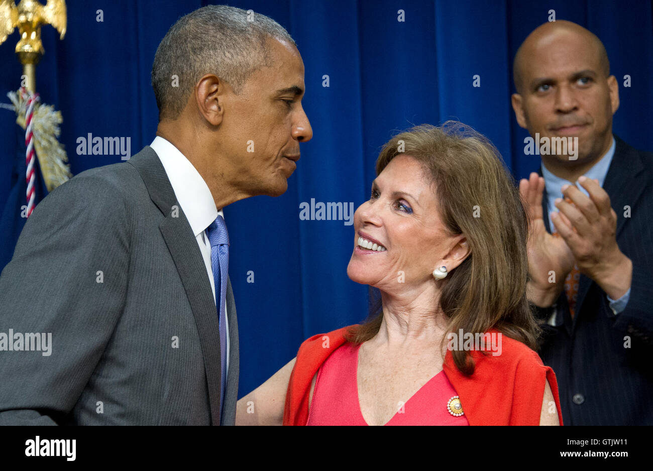 United States President Barack Obama and Bonnie Lautenberg, widow of US Senator Frank Lautenberg (Democrat of New Jersey) prior to his signing H.R. 2576, the Frank R. Lautenberg Chemical Safety for the 21st Century Act in the South Court Auditorium of the Stock Photo