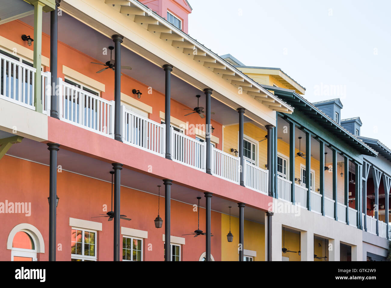 Many Fans on Colorful Balconies Stock Photo