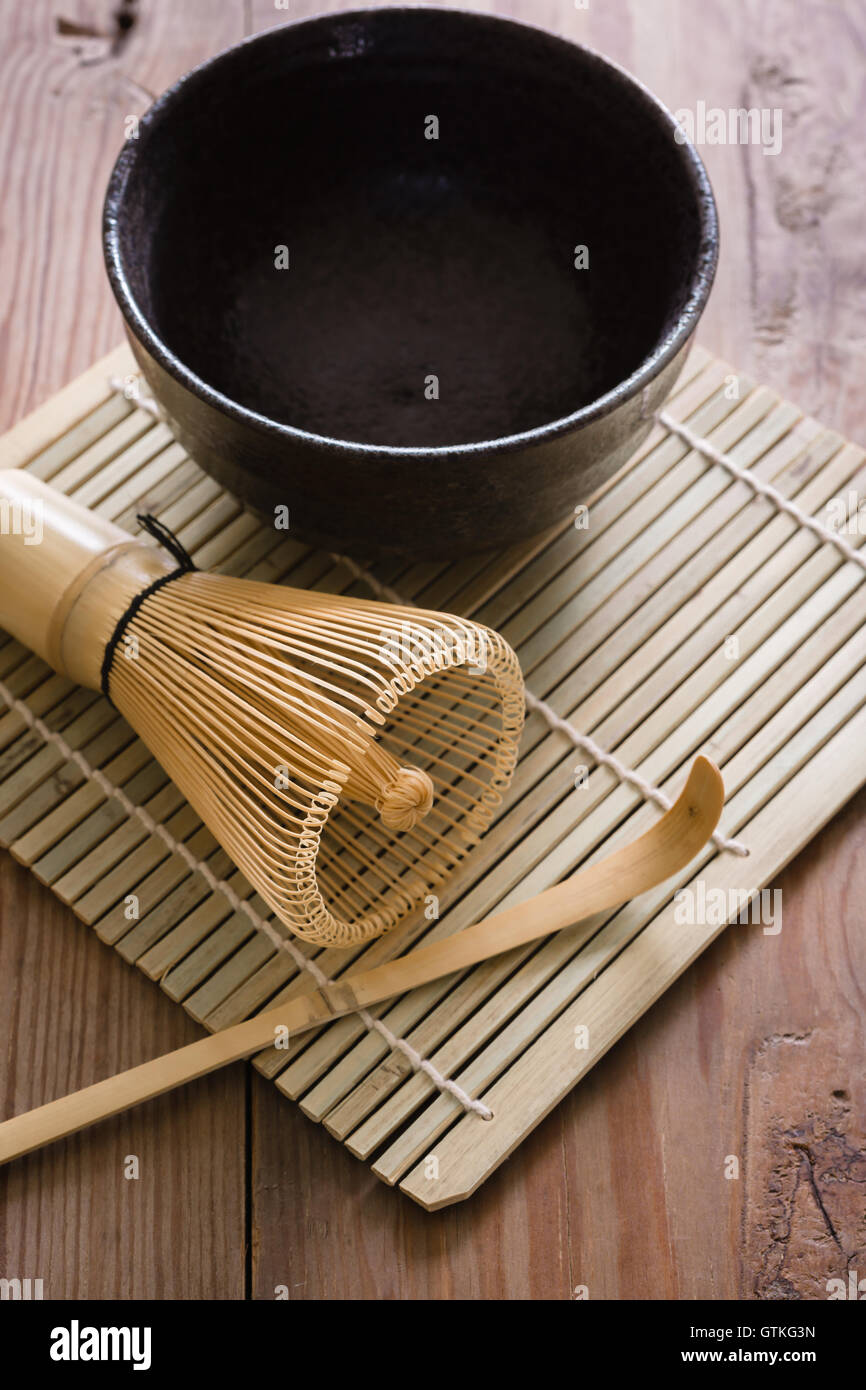 Items for making Japanese Matcha green tea in a traditional tea ceremony Stock Photo