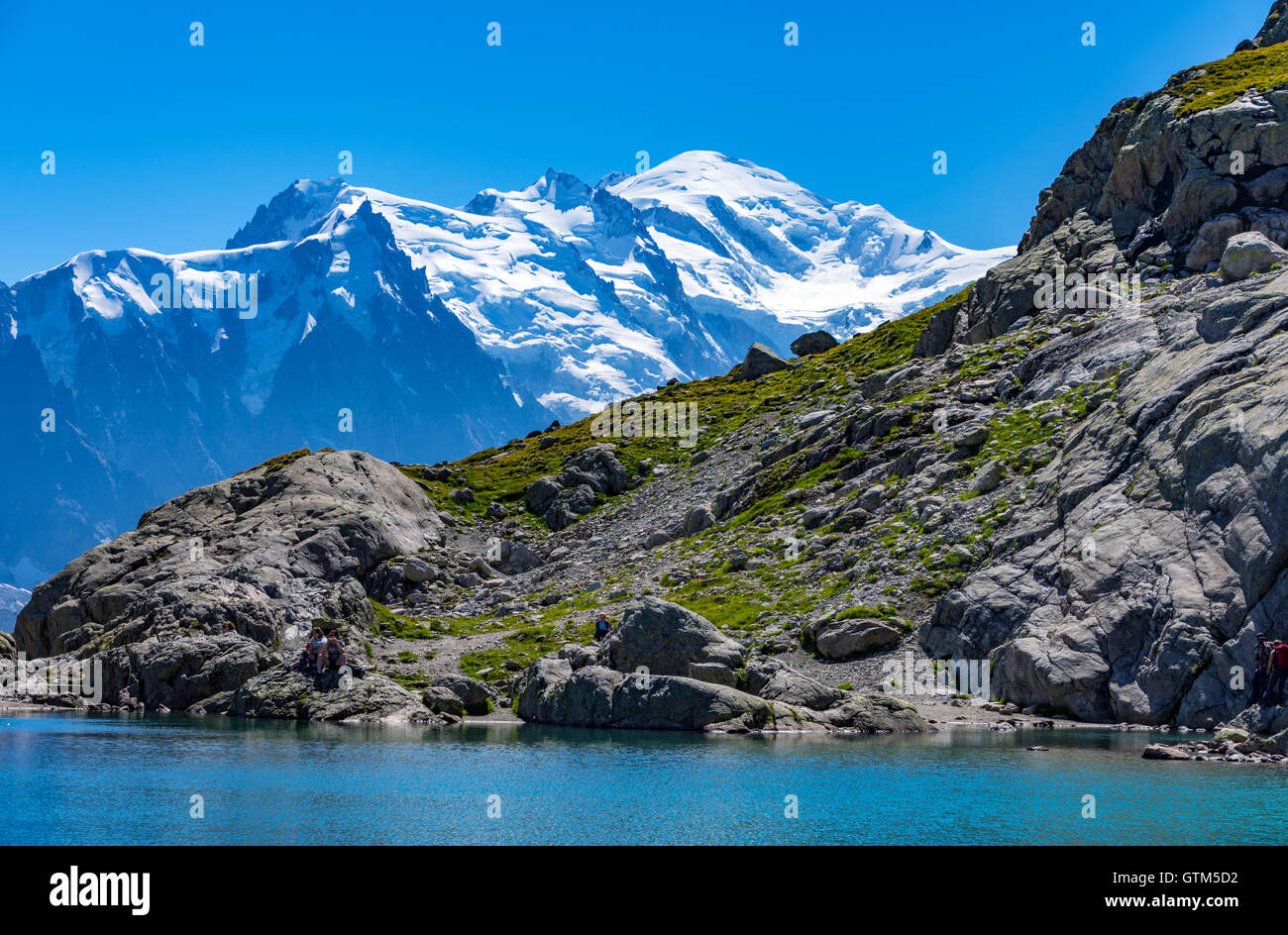 Lac Blanc one of the most popular walks from Chamonix in the French Alps. On Tour de Mont Blanc walk. Stock Photo