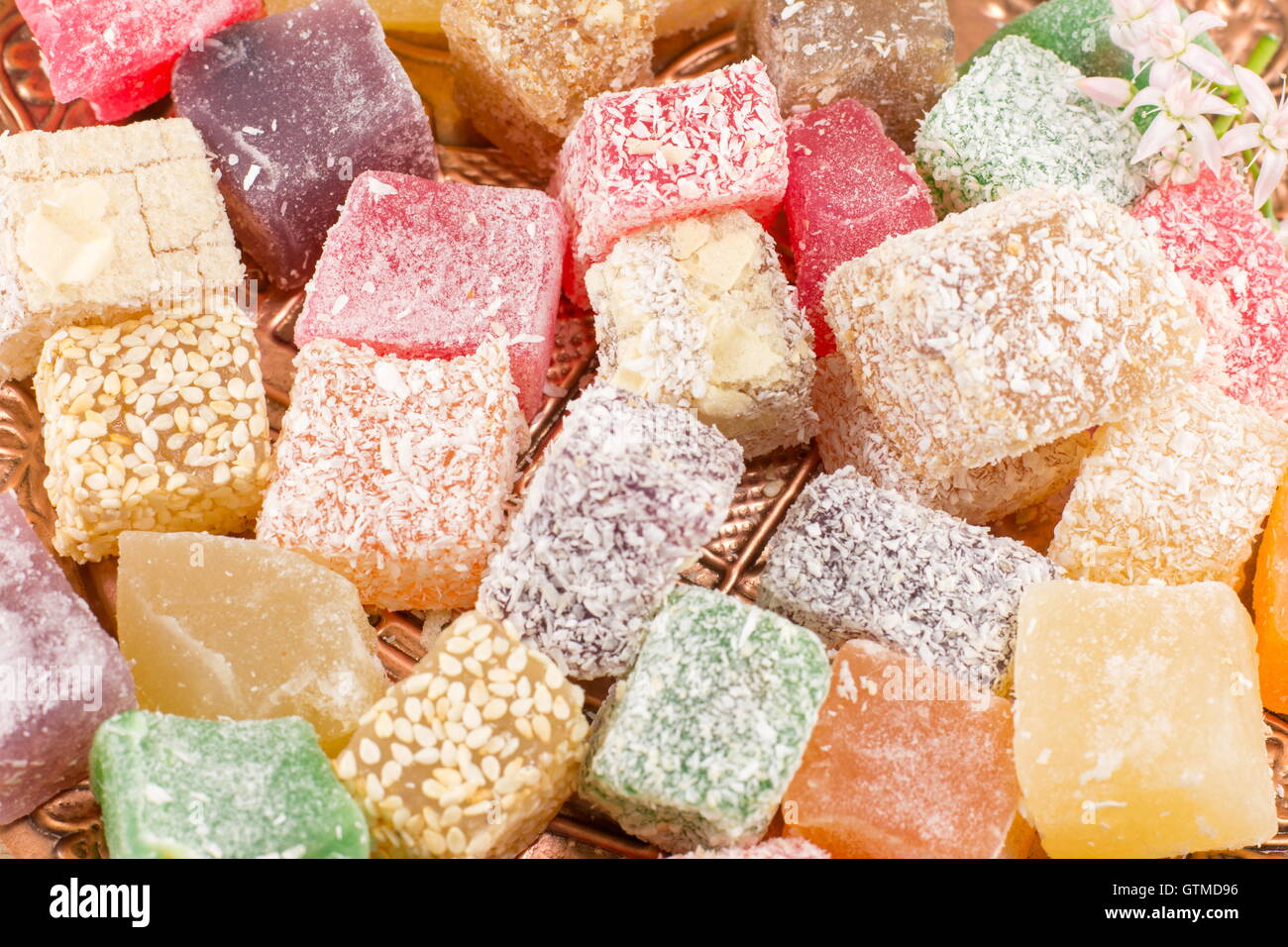 Turkish delight lokum in various colors background Stock Photo