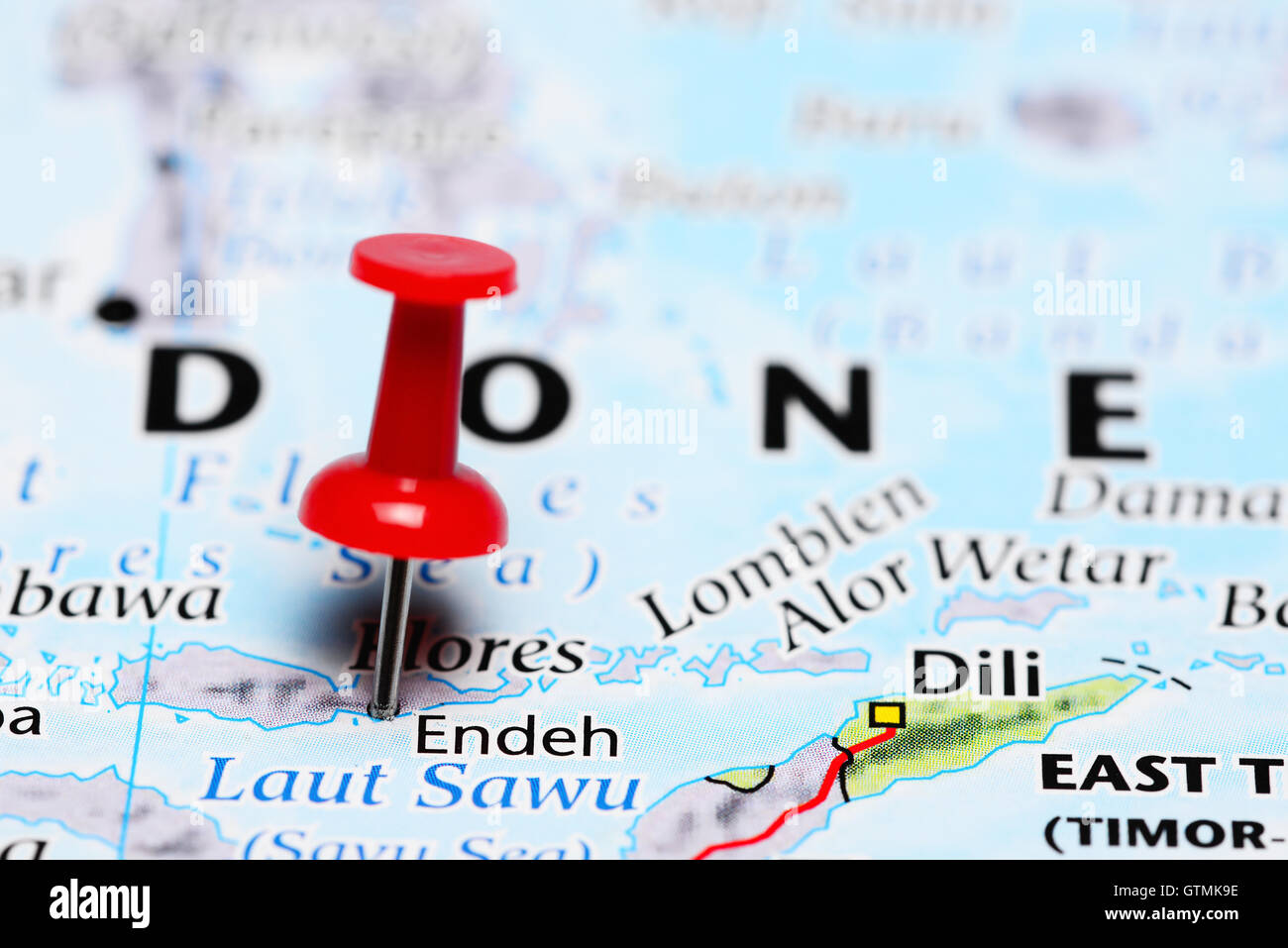Endeh pinned on a map of Indonesia Stock Photo