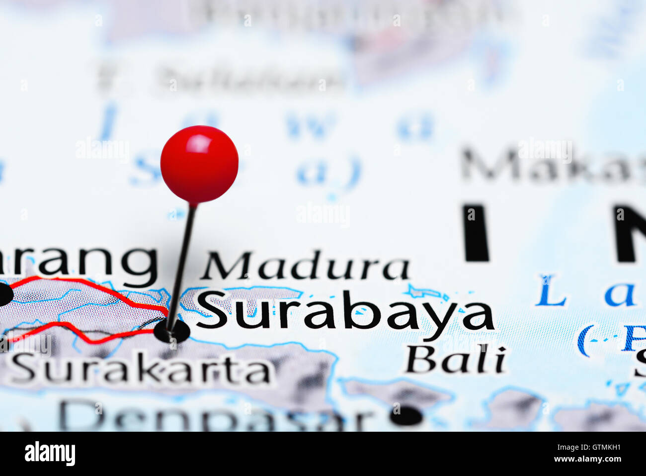 Surabaya pinned on a map of Indonesia Stock Photo