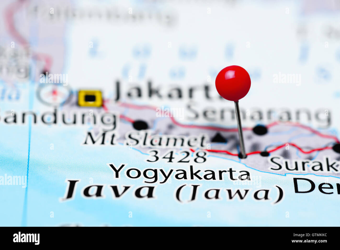 Yogyakarta pinned on a map of Indonesia Stock Photo