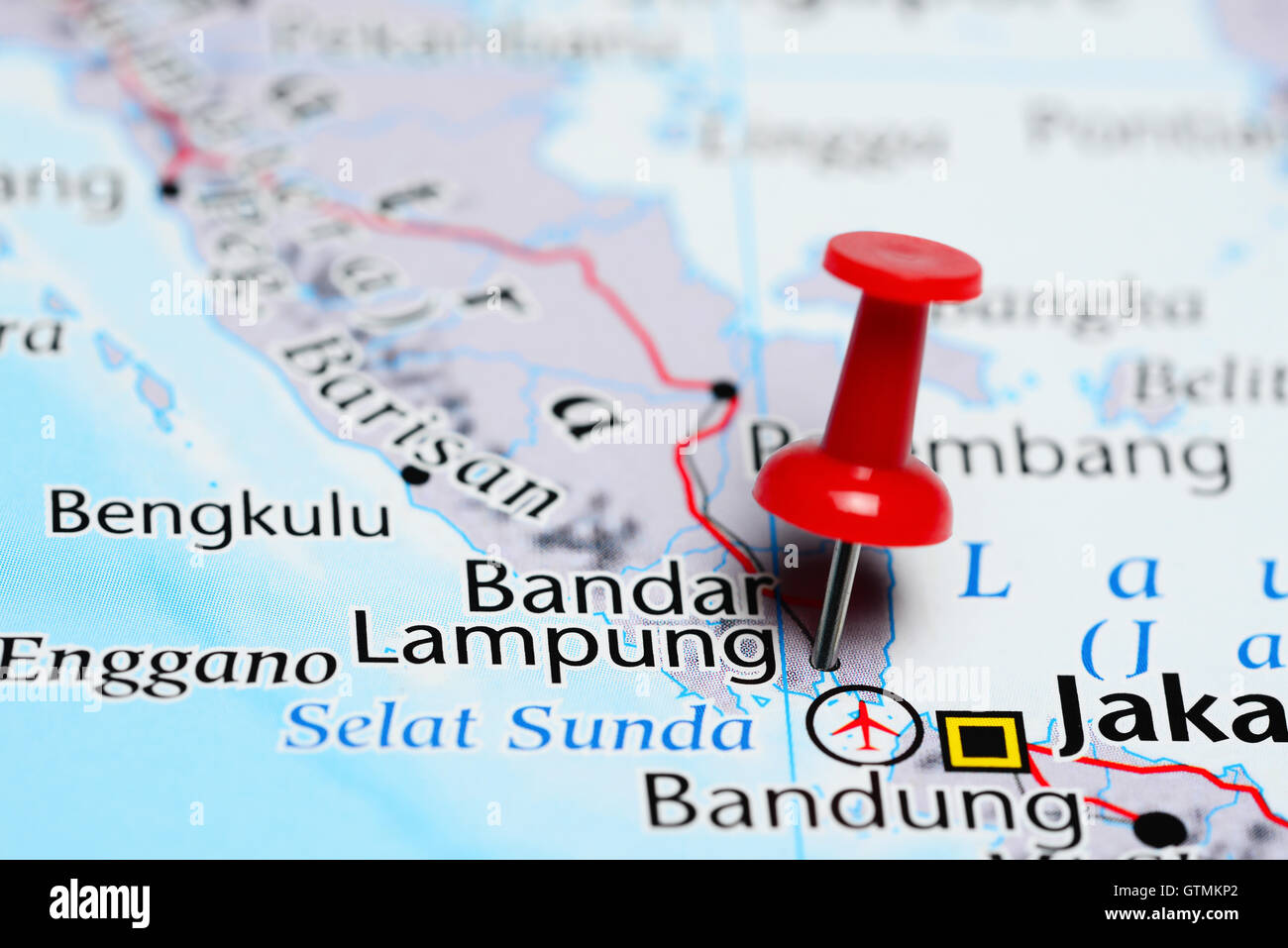 Bandar Lampung pinned on a map of Indonesia Stock Photo