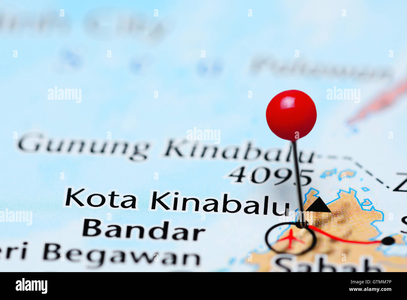 Kota Kinabalu pinned on a map of Malaysia Stock Photo