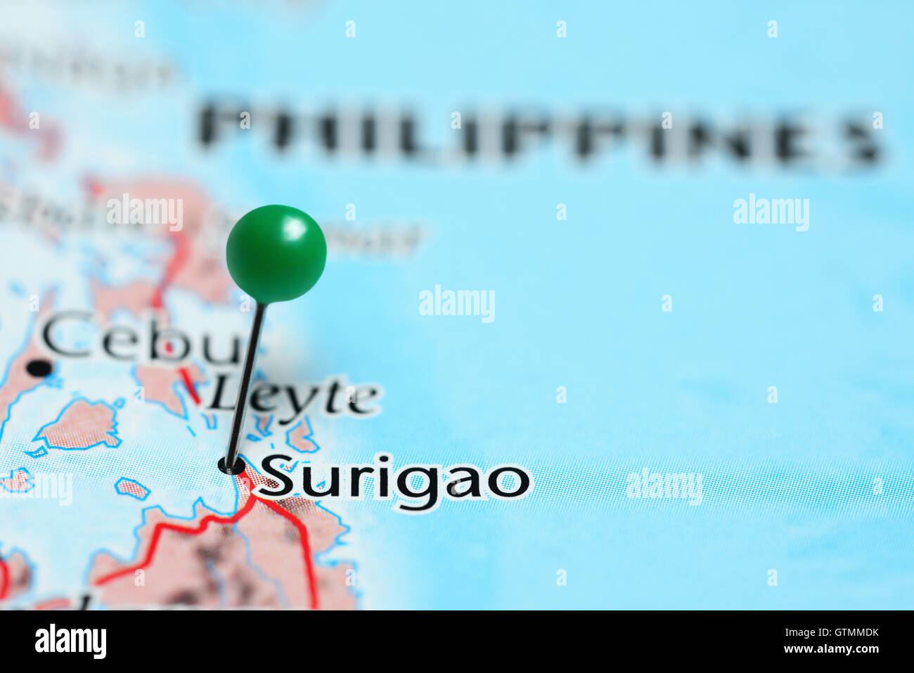 Surigao pinned on a map of Philippines Stock Photo