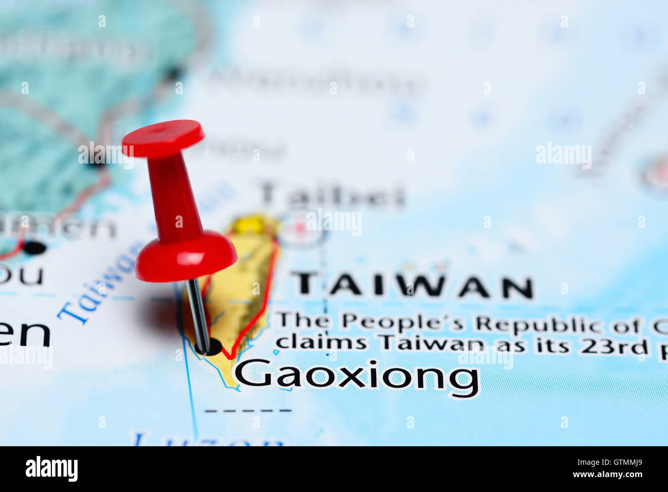 Gaoxiong pinned on a map of Taiwan Stock Photo