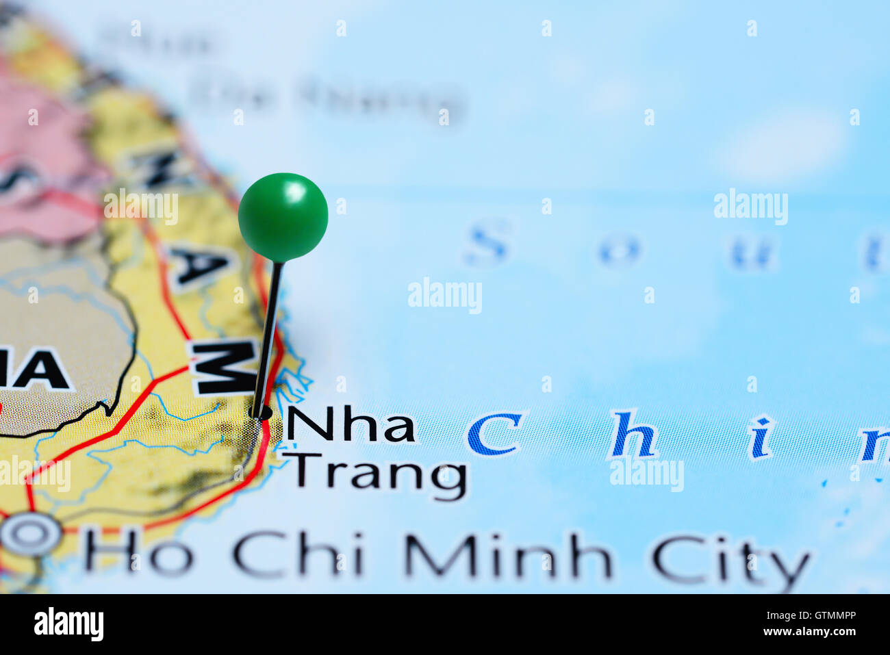 Nha Trang pinned on a map of Vietnam Stock Photo