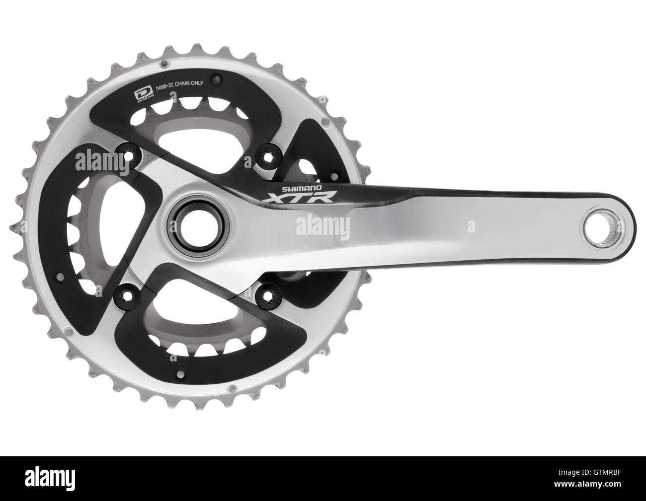 Shimano XTR FC-M985 10 speed double chainset on white background Stock Photo