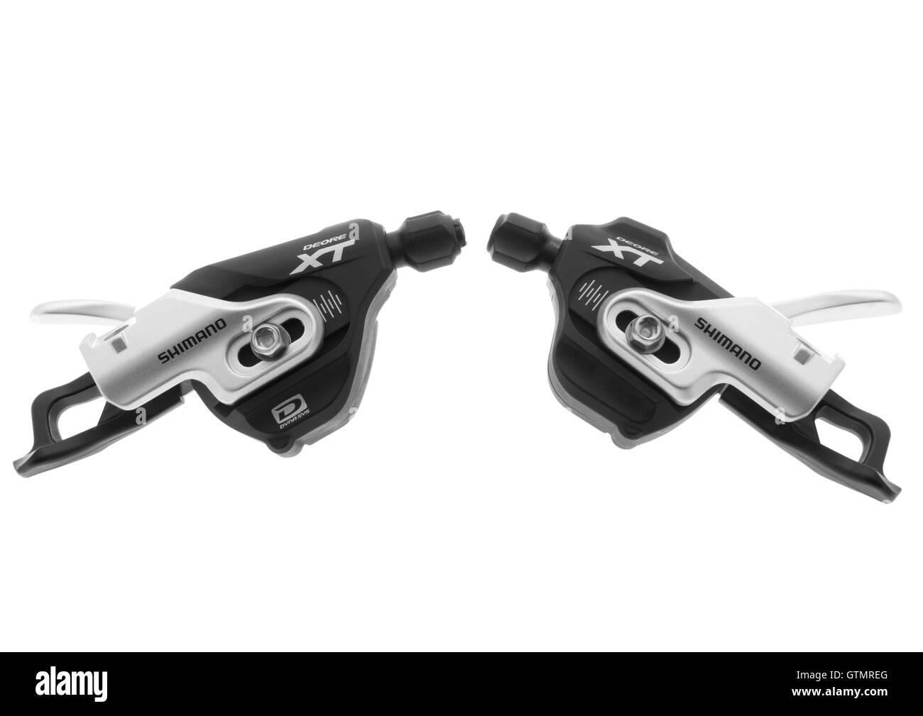 Shimano XT SL-M780B direct mount gear shifters on white background Stock Photo