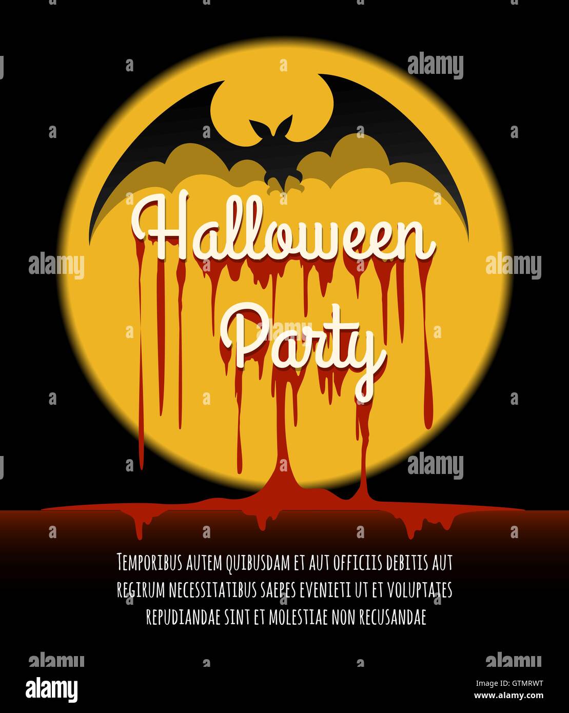 Happy Halloween Poster or Invitation Card. Bat silhouette and bleeding lettering Halloween Party. Vector Illustration Stock Vector