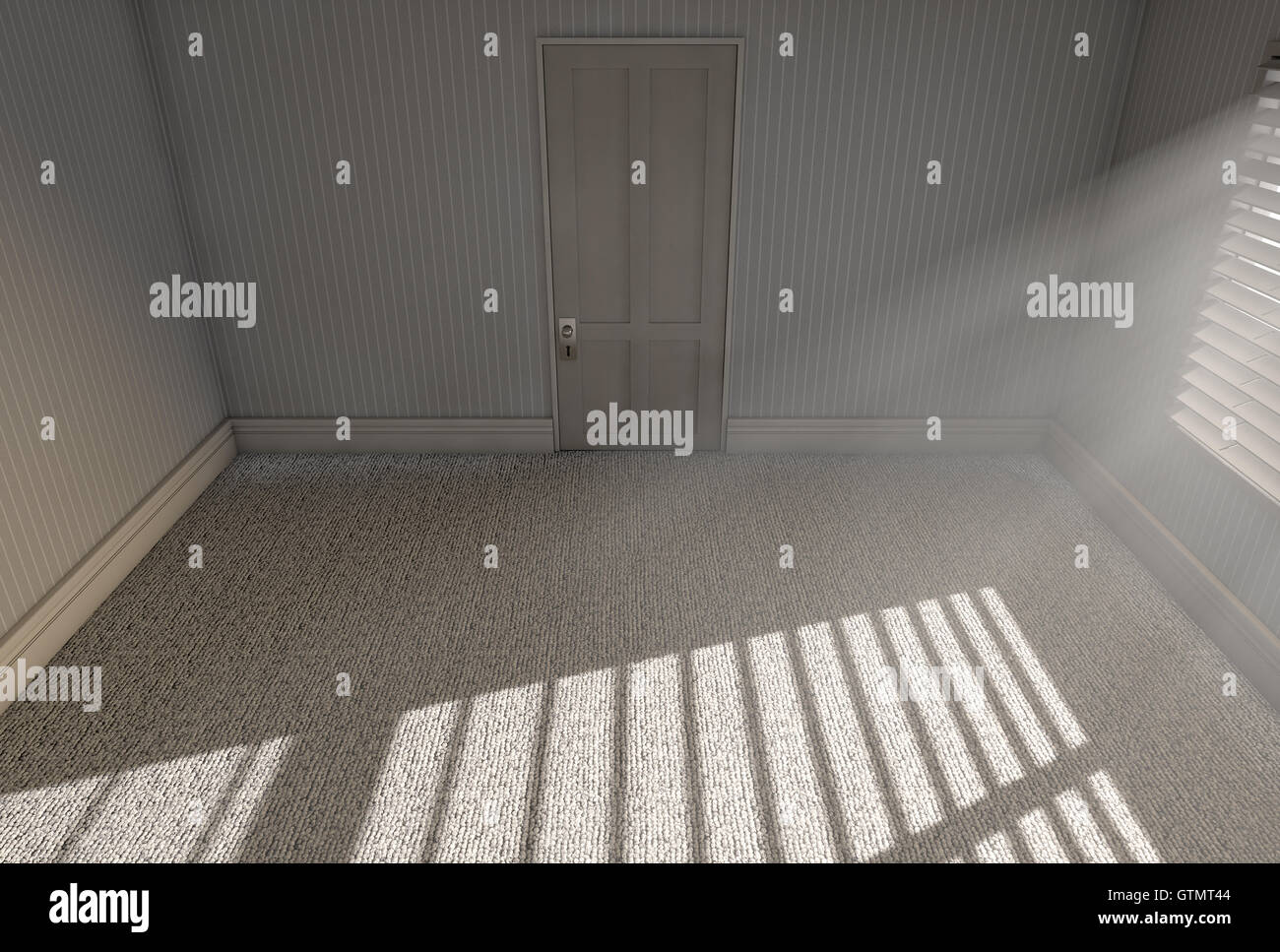 A 3D render of an empty bedroom with bright morning sunlight illuminating through blinds Stock Photo