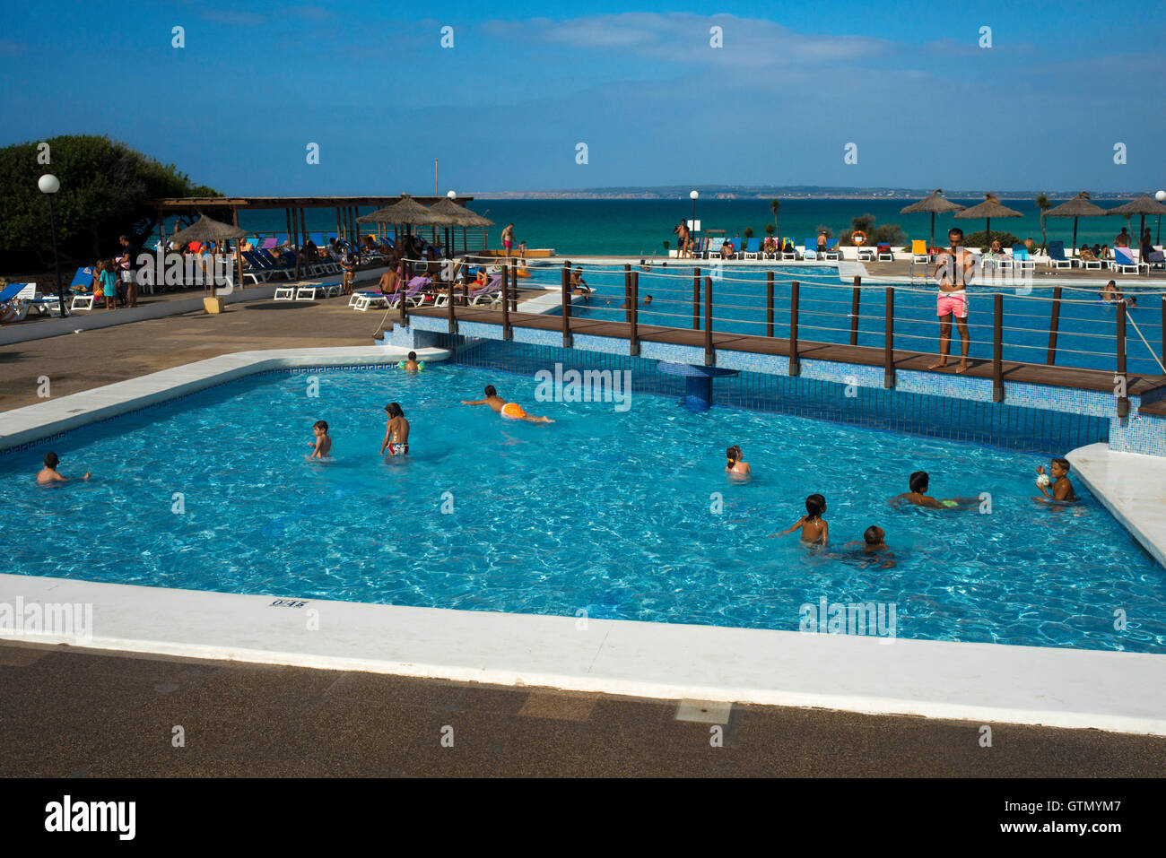 Swimming pool of Insotel Club Maryland, Migjorn beach, Formentera, Balears Islands, Spain. Holiday makers, tourists, Platja de M Stock Photo