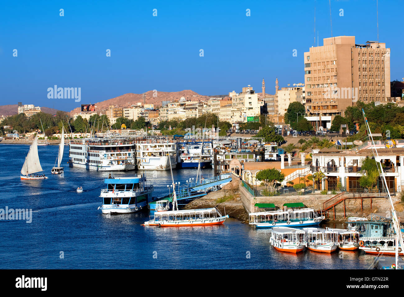 Aswan skyline and Nile river, Egypt Stock Photo