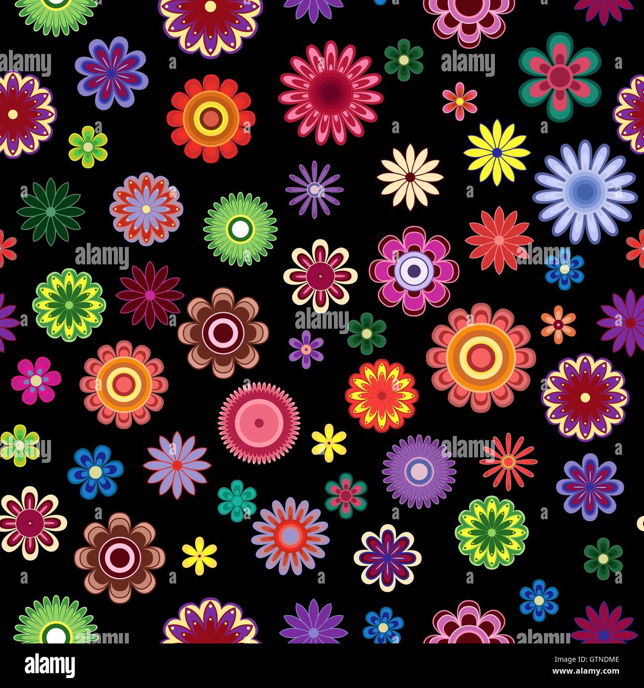Bright colourful decorative stylized flowers on the black background as ...